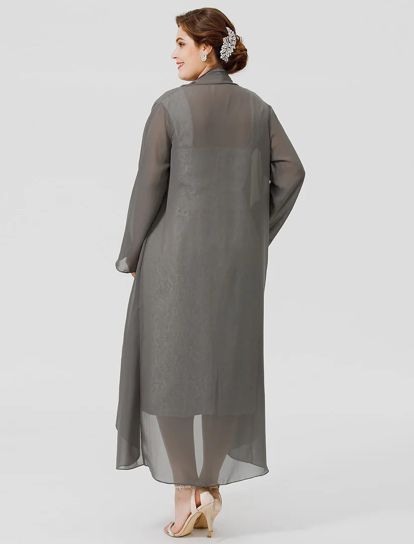 Back view of the tea length formal dress with lace details.