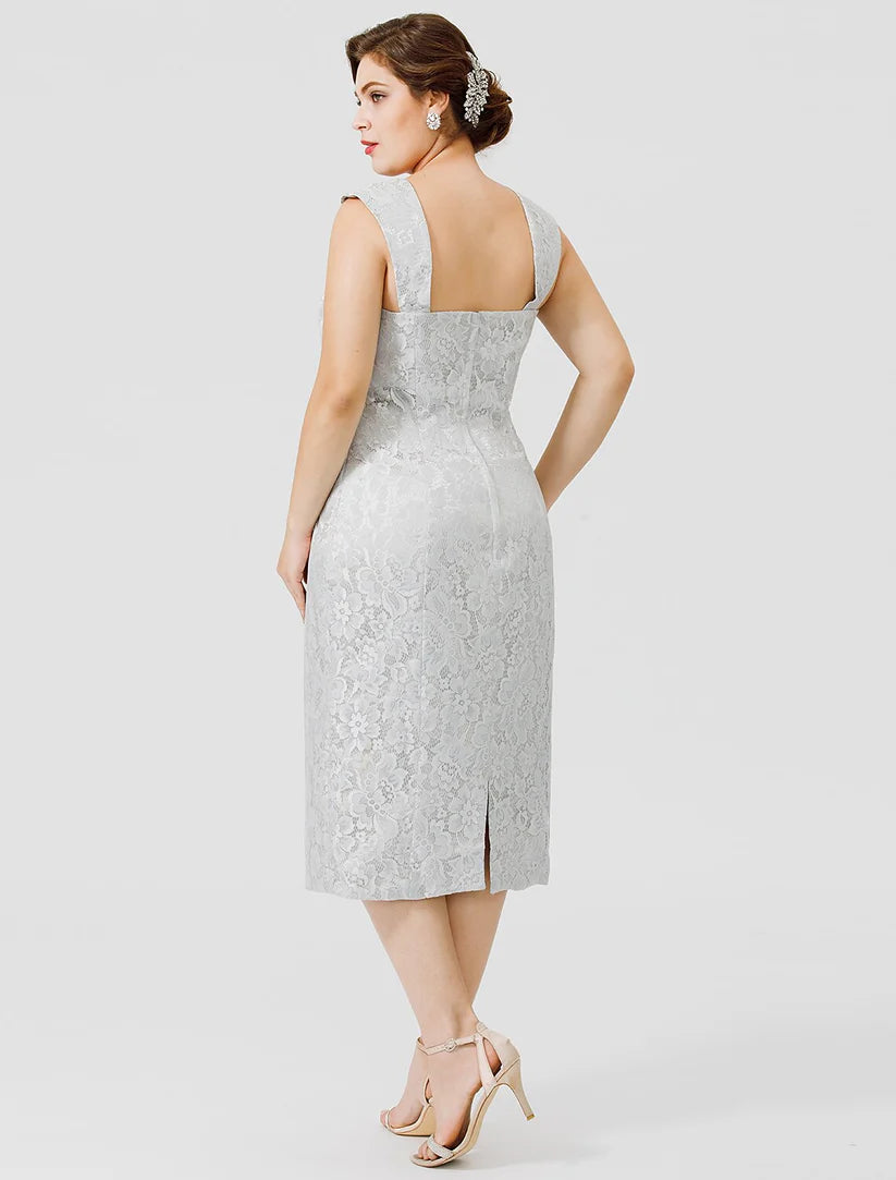 Side profile of the plus size sheath dress for formal events.