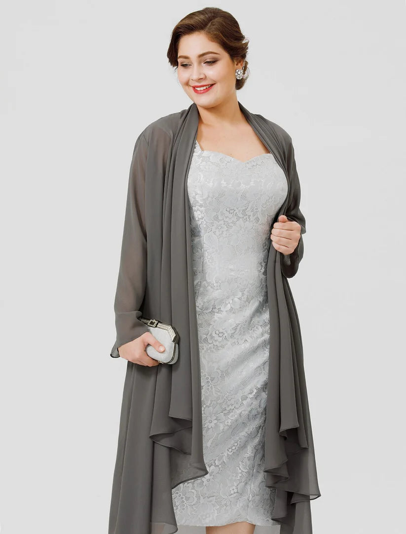 Full view of the sleeveless tea length chiffon and lace dress.