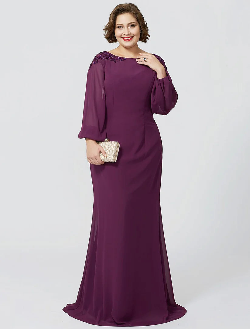 Elegant plus size Mother of the Bride sheath dress with bateau neck and long chiffon sleeves.