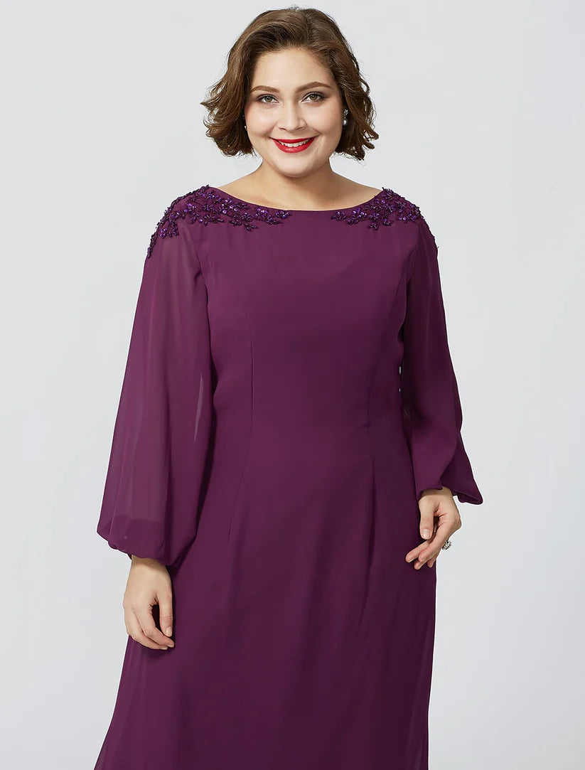 Side view of a plus size formal sheath dress with long sleeves.