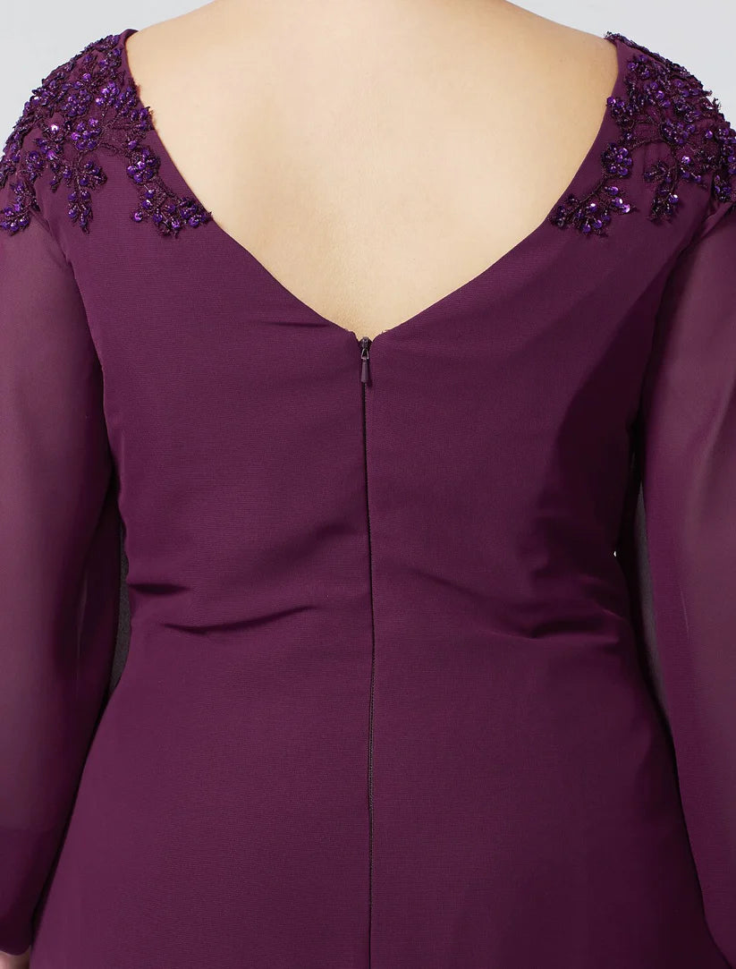 Front view of a luxurious Mother of the Bride dress with bateau neckline.