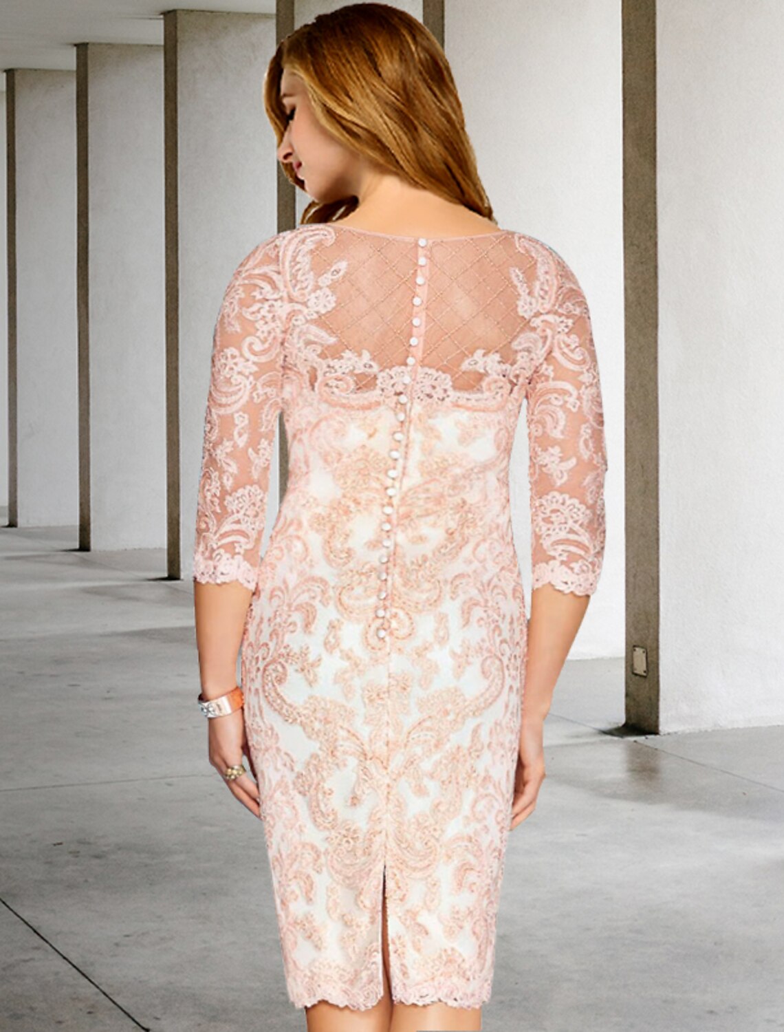 Side view of the knee-length formal dress, showcasing the sheath silhouette.