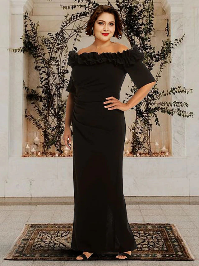 Elegant plus size Mother of the Bride sheath dress with off-shoulder neckline and half sleeves, featuring ruching details.