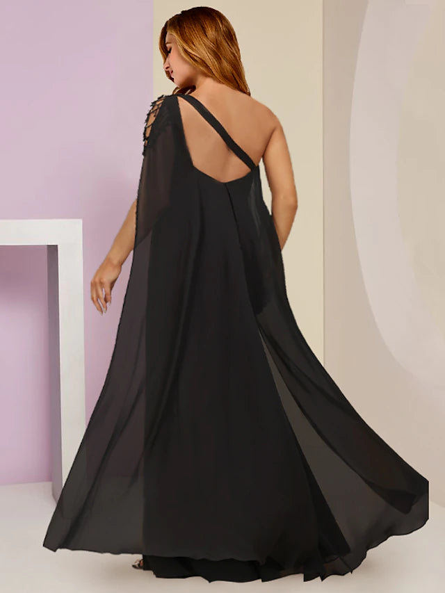 Elegant plus size one shoulder chiffon gown, styled for a formal event.