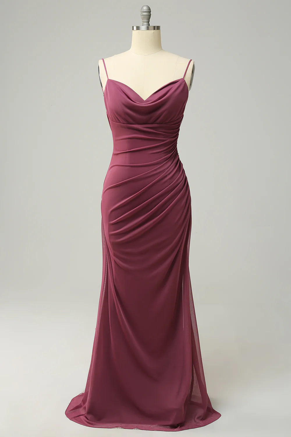 Model wearing an elegant plus size open back long prom dress.