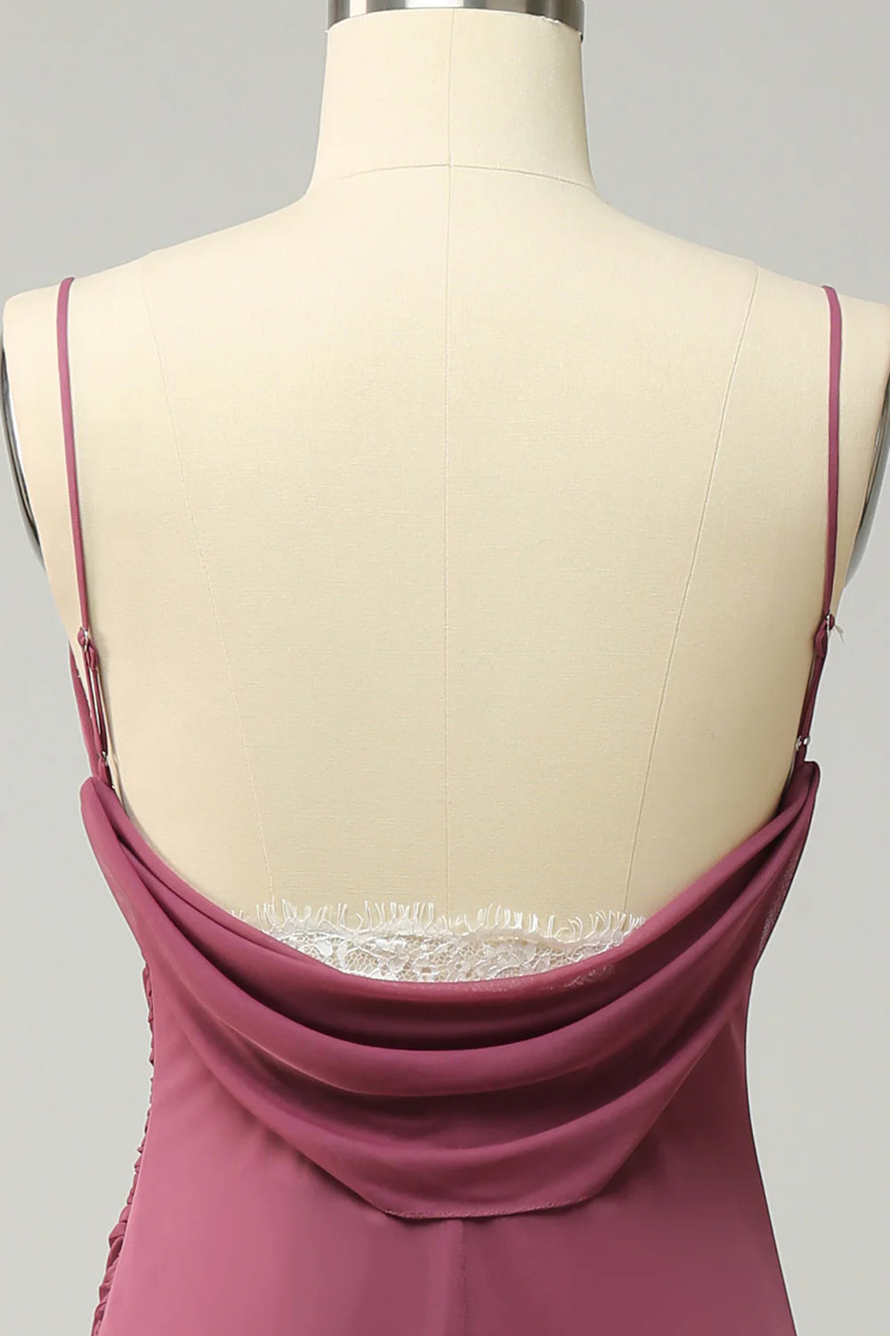 Side profile of a model showcasing the silhouette of the plus size long prom dress.