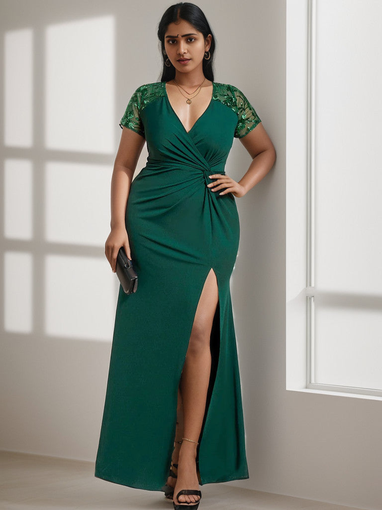Plus size sequin mother of the bride dress in dark green with short sleeves and front slit.