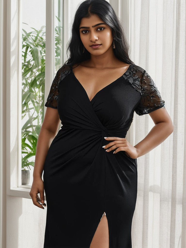 Rear view of a black plus size sequin mother of the bride dress.