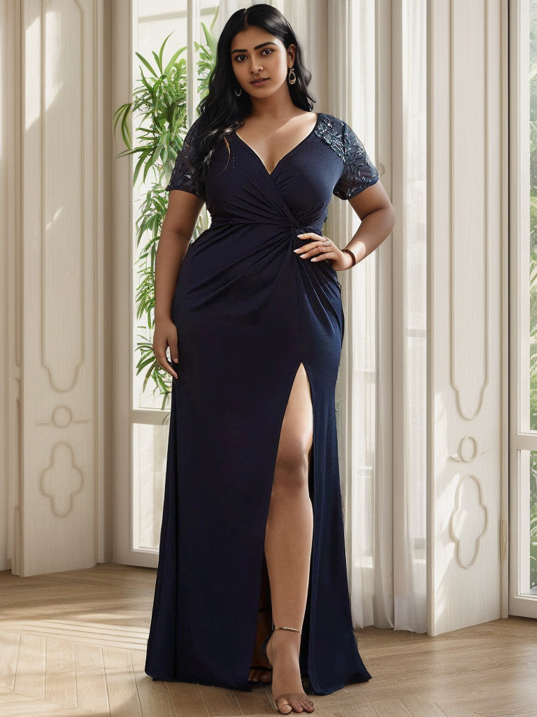 Navy blue plus size sequin mother of the bride gown with short sleeves.