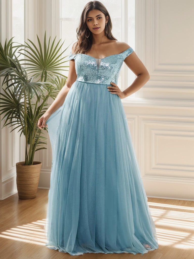 Sparkling plus size dusty blue sequin evening gown.