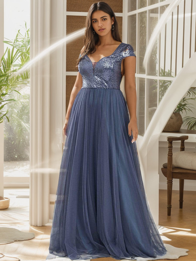 Sophisticated plus size dusty navy sequin dress.