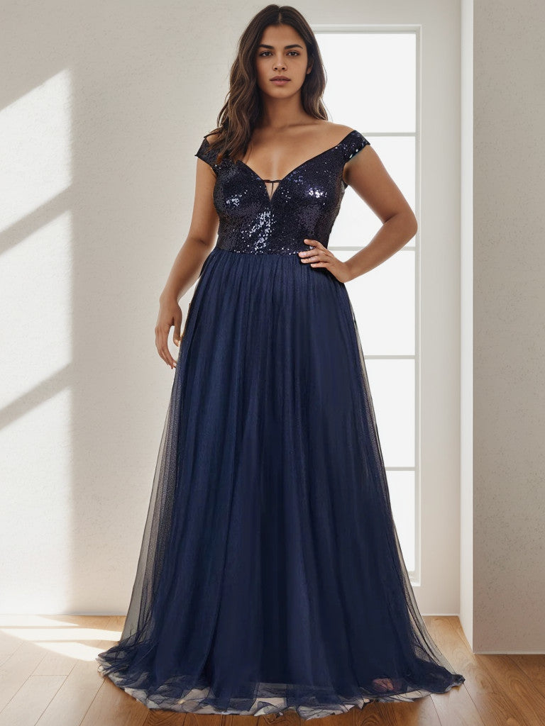 Glamorous plus size navy blue sequin formal dress.