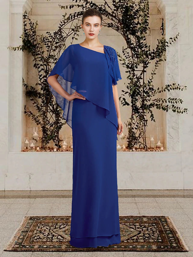 Elegant plus size sheath Mother of the Bride dress with bateau neck, short sleeves, beading, and ruffles.