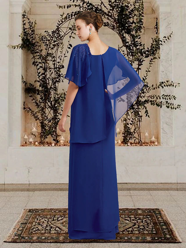 Side view of the elegant plus size sheath Mother of the Bride dress, highlighting the flowing chiffon and silhouette.