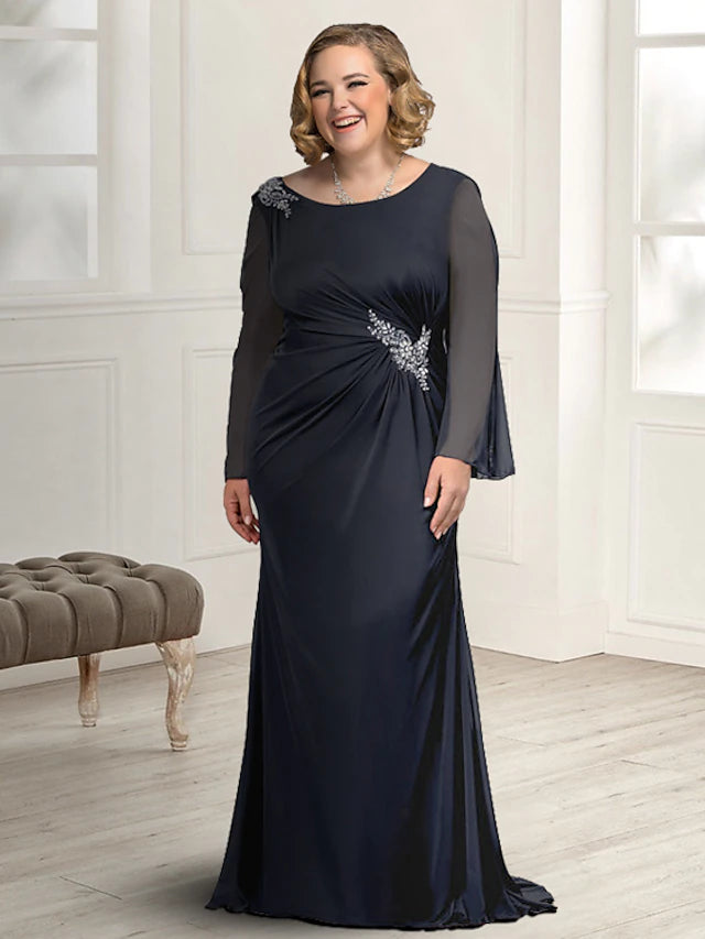 Elegant plus size sheath mother of the bride dress with long chiffon sleeves and jewel neck.