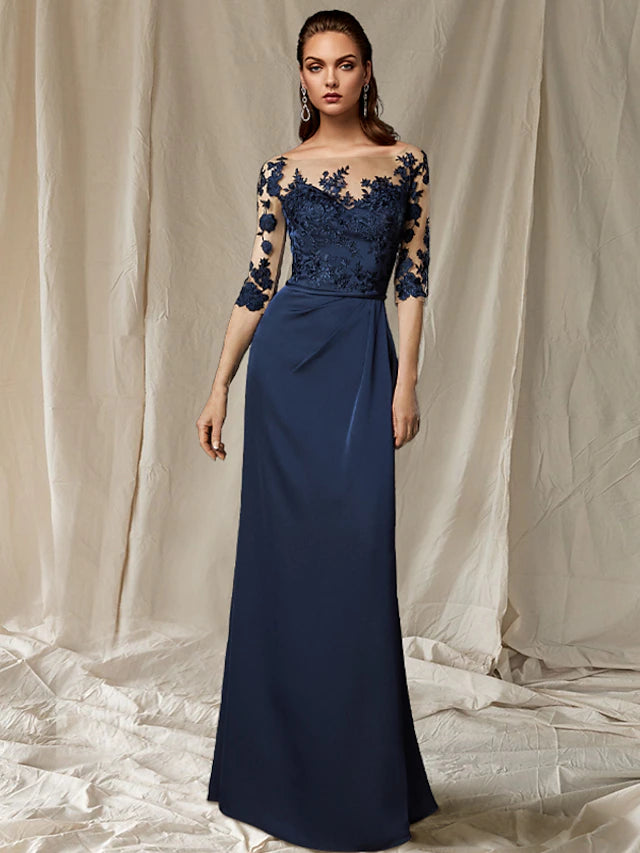 Elegant plus size Mother of the Bride dress in sheath silhouette with jewel neck and half sleeves.