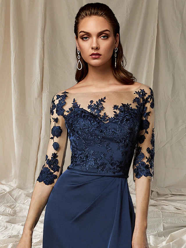 Close-up of appliques on the elegant chiffon Mother of the Bride dress.