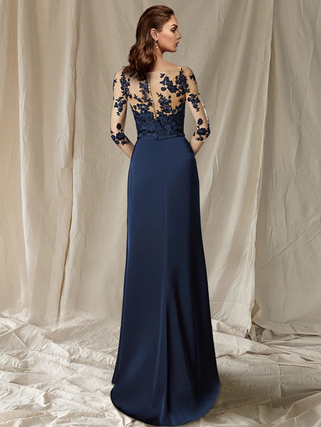 Detail of the half sleeve and jewel neck on the elegant Mother of the Bride dress.
