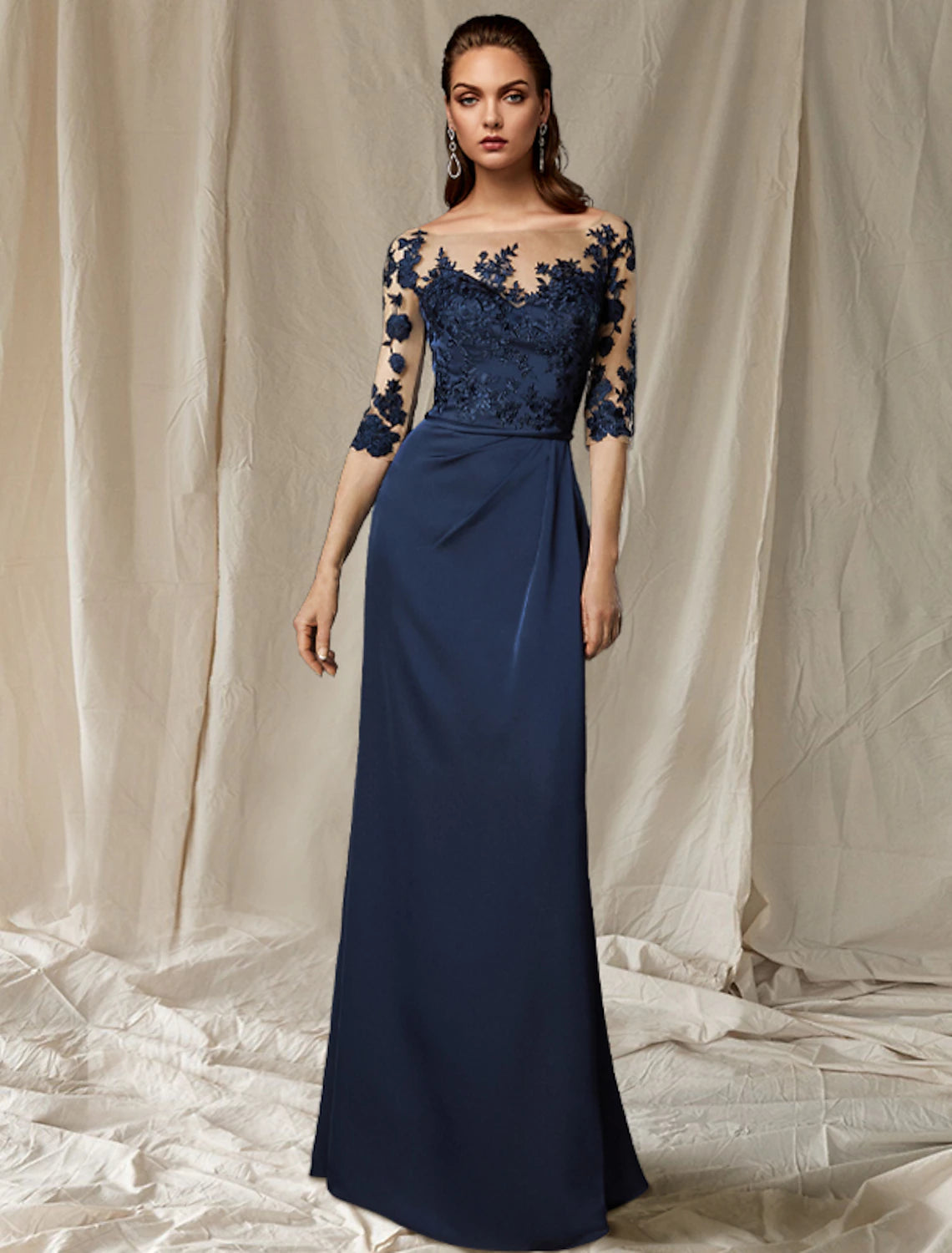 Elegant plus size sheath column chiffon dress with appliques and half sleeves.