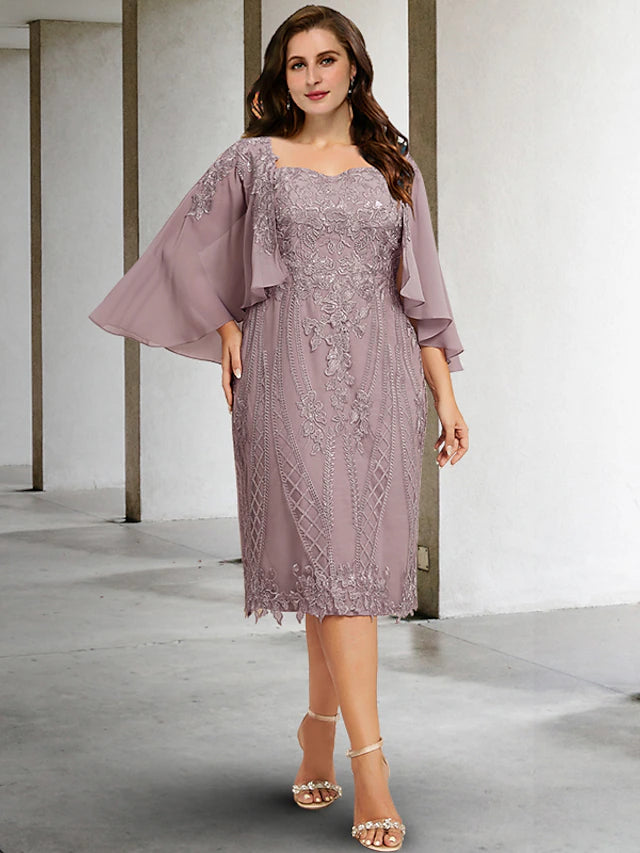 Elegant plus size tea length Mother of the Bride dress with square neck and beading.
