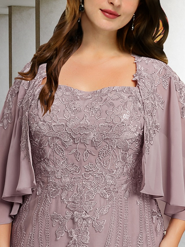 Close-up of the square neckline and delicate beading on the formal dress.