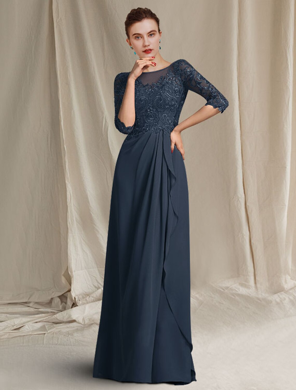 Elegant plus size sheath mother of the bride dress with jewel neck and 3/4 sleeves.