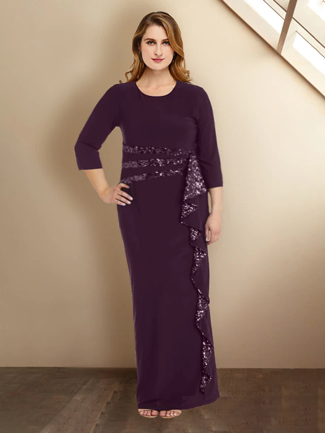 Elegant plus size Mother of the Bride gown with sequins and 3/4 sleeves.