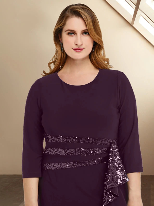Side view of sequined floor-length sheath dress with jewel neck.