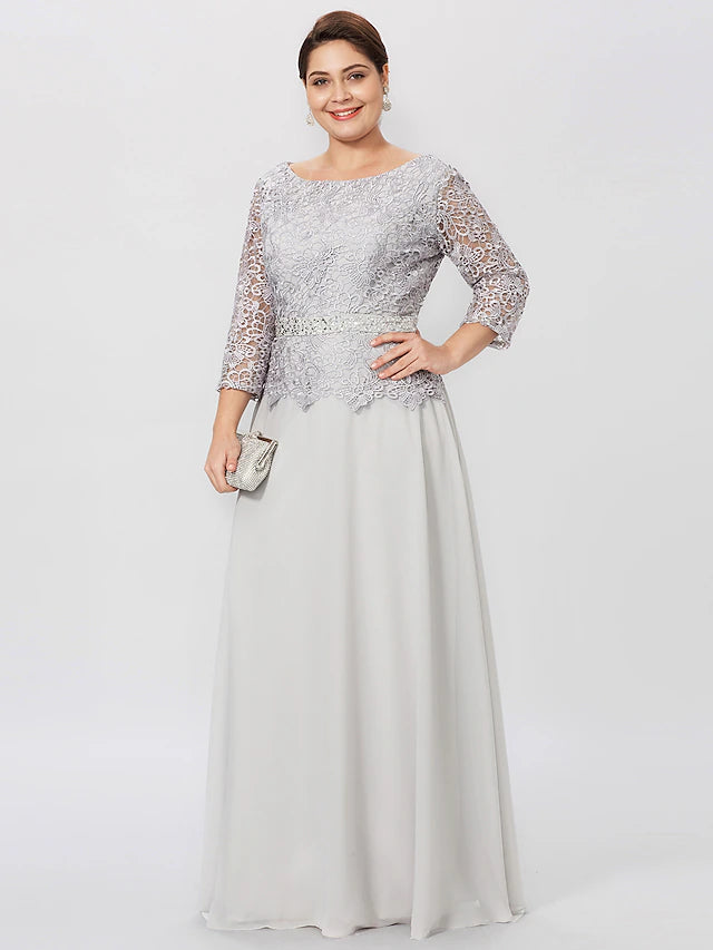 Back view of the formal floor-length chiffon and lace Mother of the Bride gown.