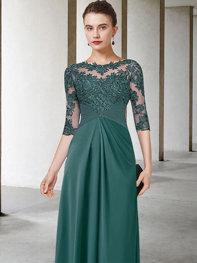 Back view of a floor-length chiffon lace Mother of the Bride gown.