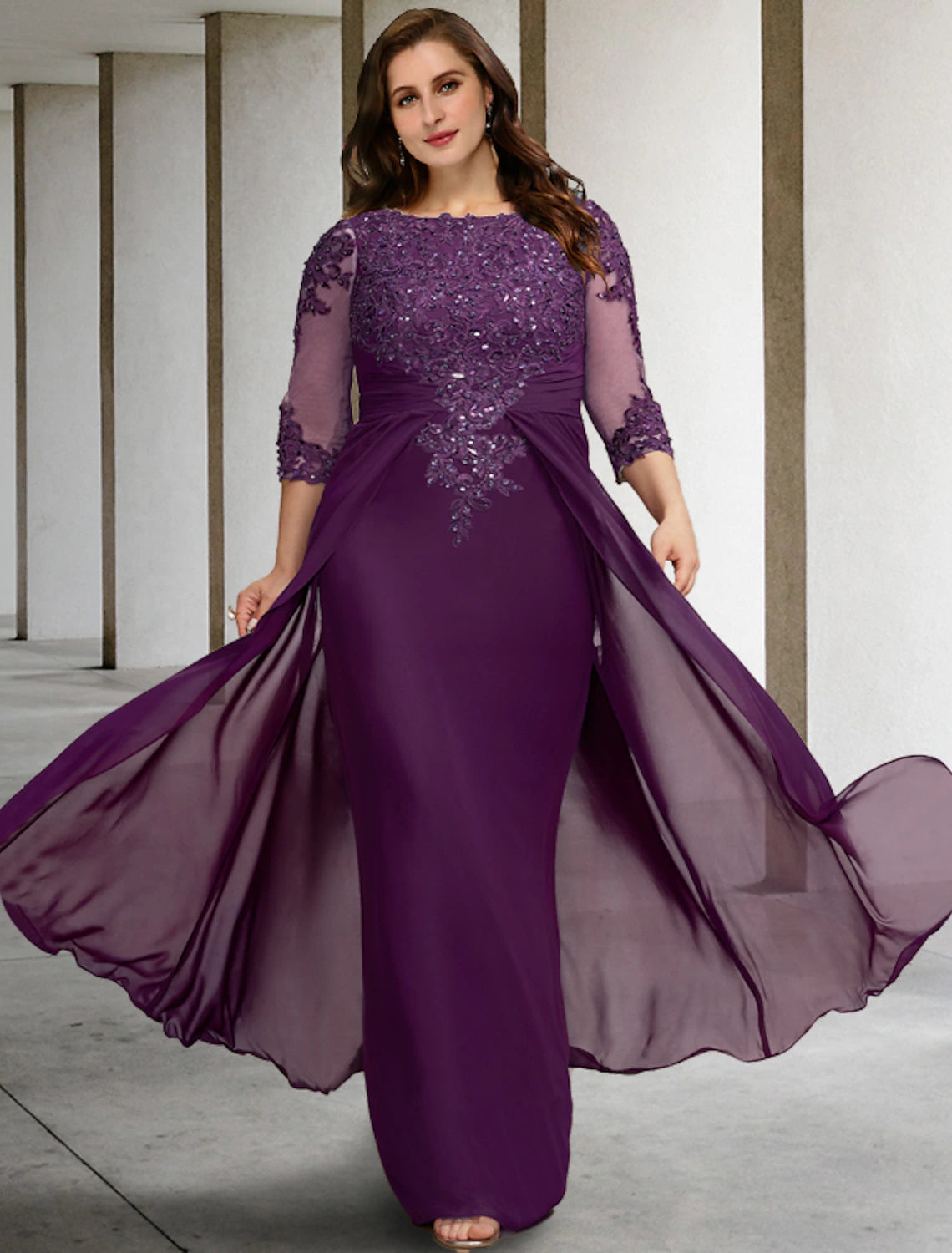 Elegant plus size chiffon sheath dress with jewel neck and half sleeves, featuring ruched details and beading.