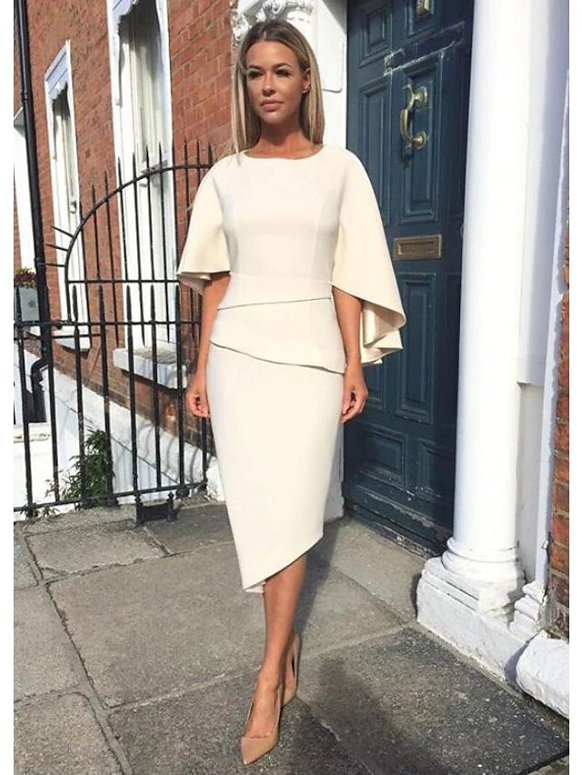 Elegant plus size sheath dress with jewel neck and half sleeves, featuring an asymmetrical knee-length hem.