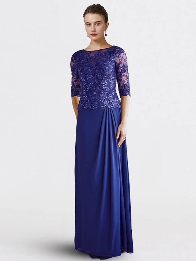 Elegant plus size Mother of the Bride sheath dress with jewel neck and half sleeves.
