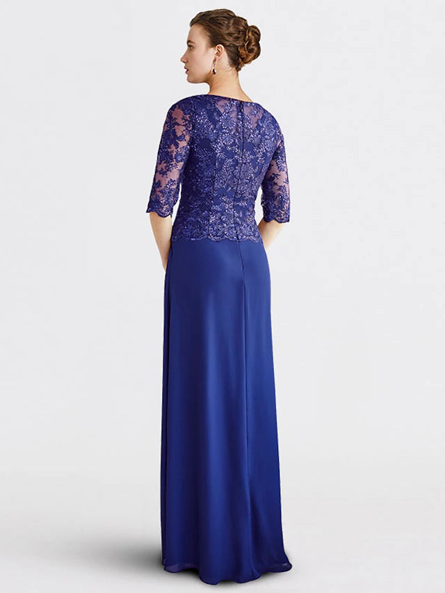 Floor-length chiffon lace gown with sequin appliques.