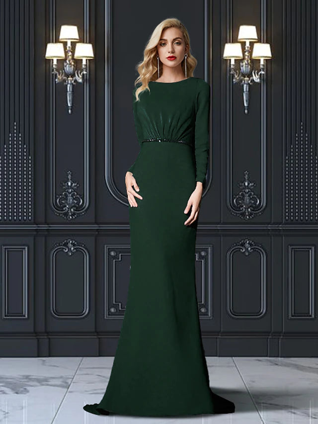 Elegant plus size Mother of the Bride sheath dress with jewel neck and long sleeves.