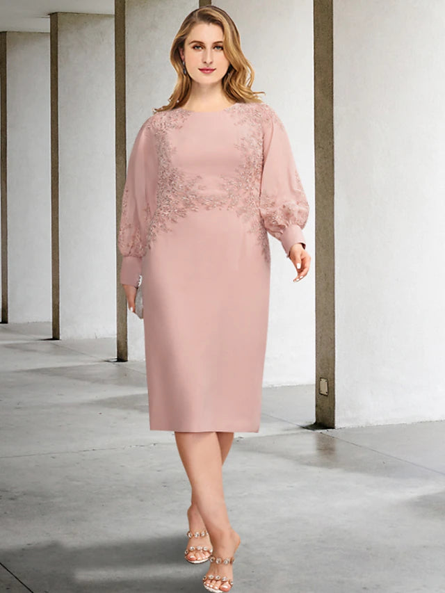 Elegant plus size sheath mother of the bride dress with jewel neck and long sleeves.