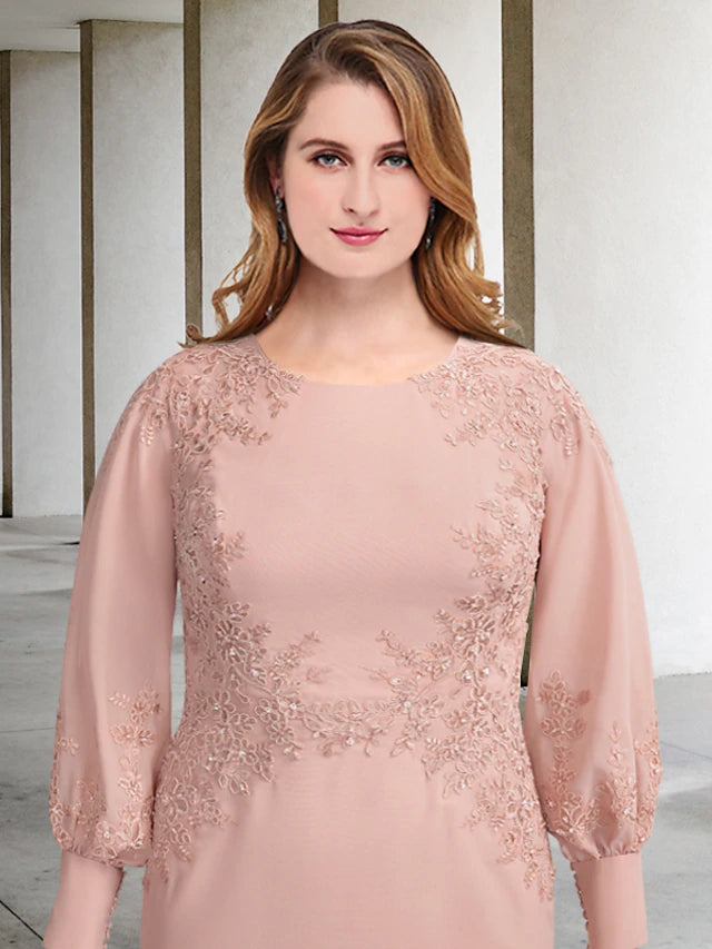 Back view of a plus size tea length chiffon dress featuring delicate appliques.
