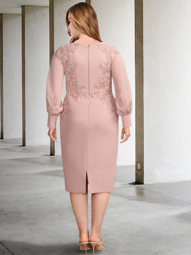 Side profile of a formal plus size mother of the bride gown with a flowing tea length skirt.
