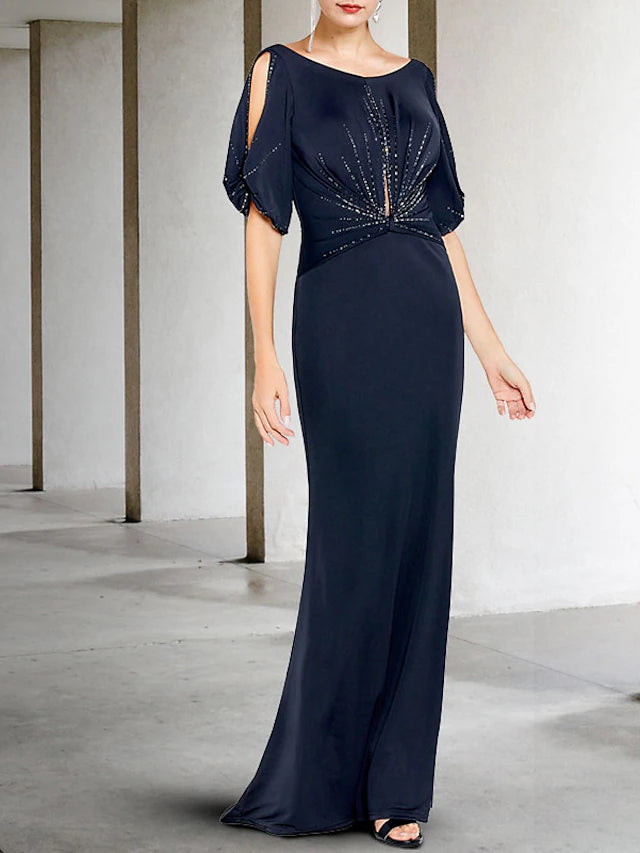 Front view of a plus size Mother of the Bride dress with short sleeves.