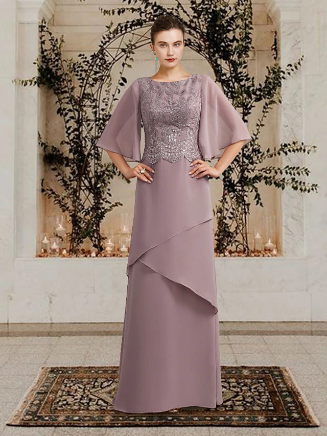 Elegant plus size Mother of the Bride gown with jewel neck and short sleeves.