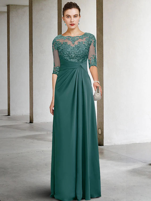 Elegant plus size Mother of the Bride dress with jewel neck and short sleeves.