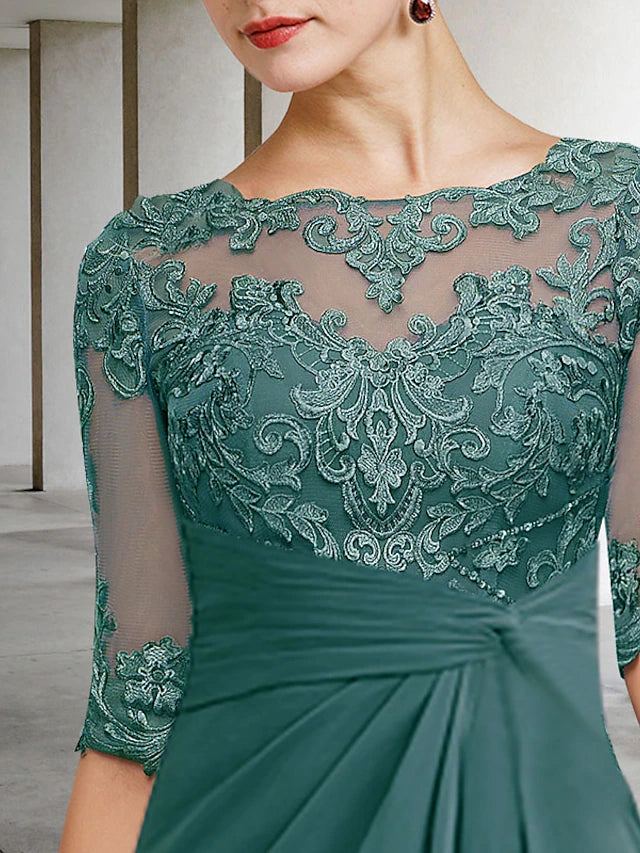 Back view of the floor-length chiffon lace sheath gown.