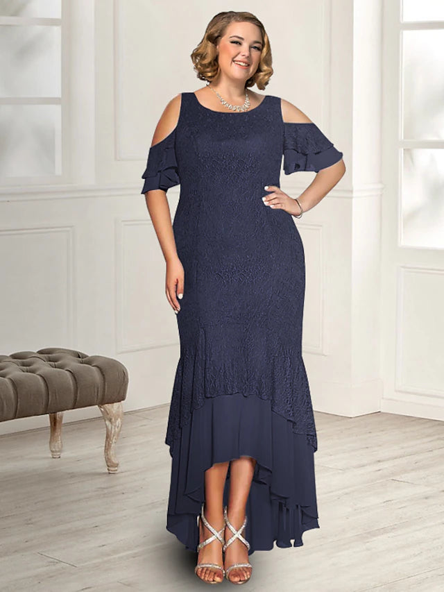 Elegant plus size Mother of the Bride dress with jewel neck and short sleeves.