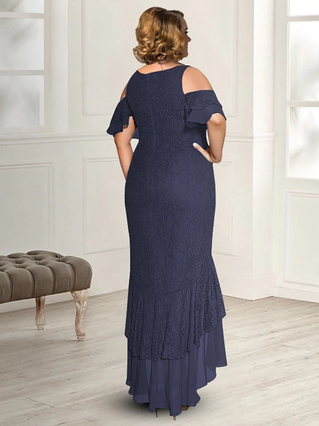 Full view of the high-low chiffon skirt and appliques on the Mother of the Bride dress.