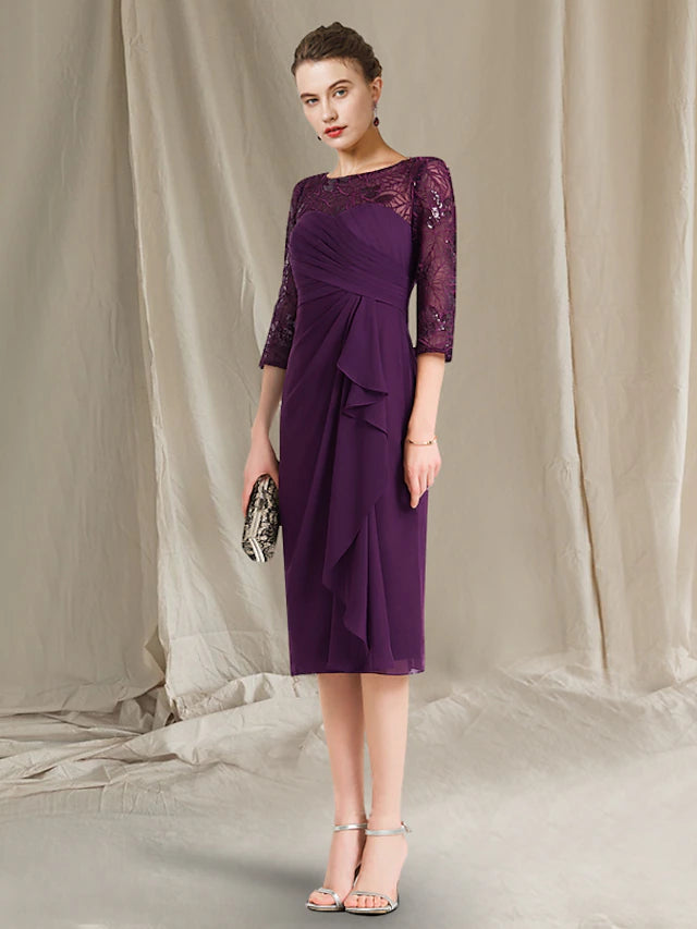 Elegant plus size Mother of the Bride sheath dress with jewel neck and short sleeves.