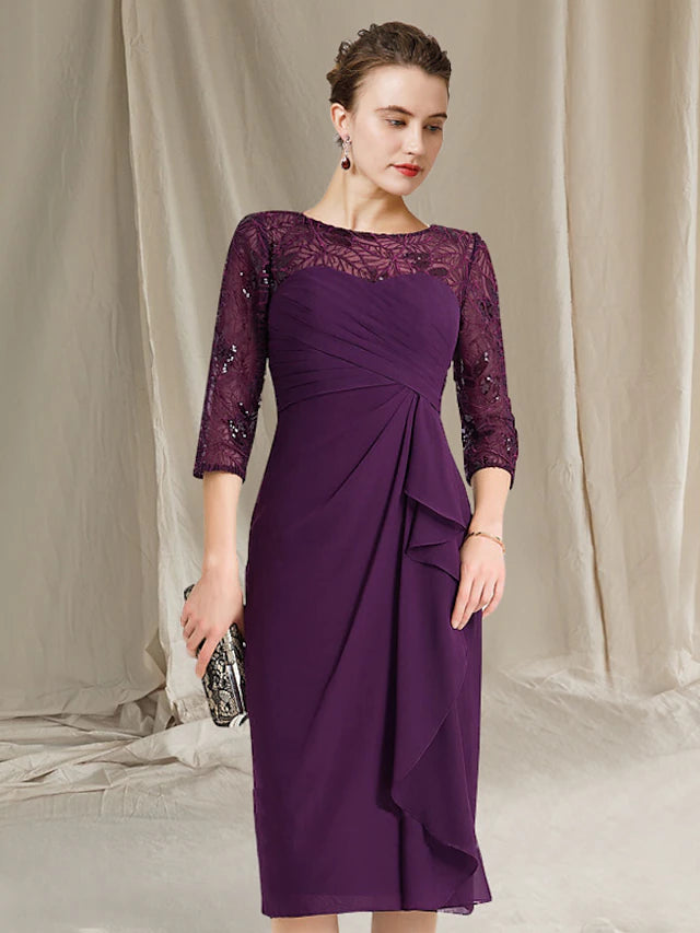 Side view of the knee-length sequin side-draped Mother of the Bride dress.