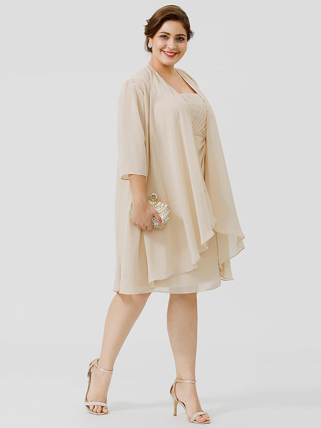 Side profile of the knee-length chiffon lace dress, showcasing its silhouette.