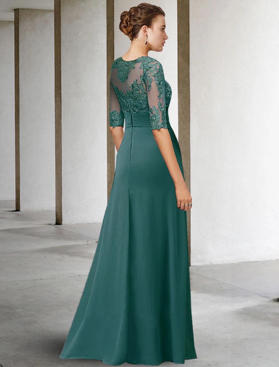 Side view of the plus size chiffon lace dress with appliques.