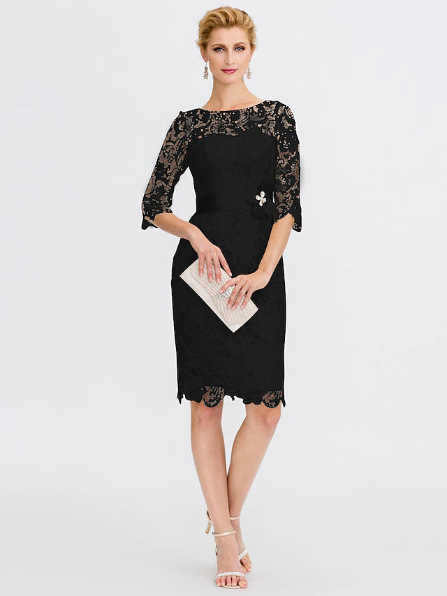 Side view of the knee-length mother of the bride dress.
